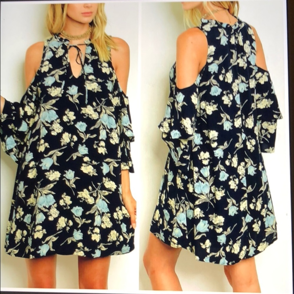 black/light blue floral print cold shoulder Dress